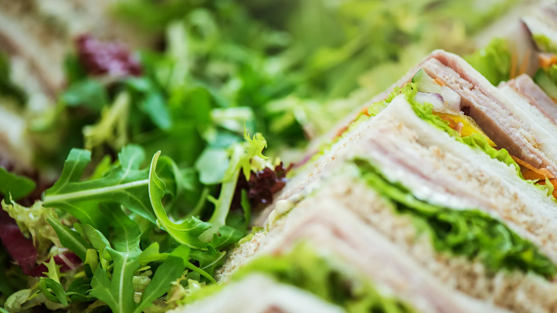 A close-up of a work event platter, featuring sandwiches and salad.