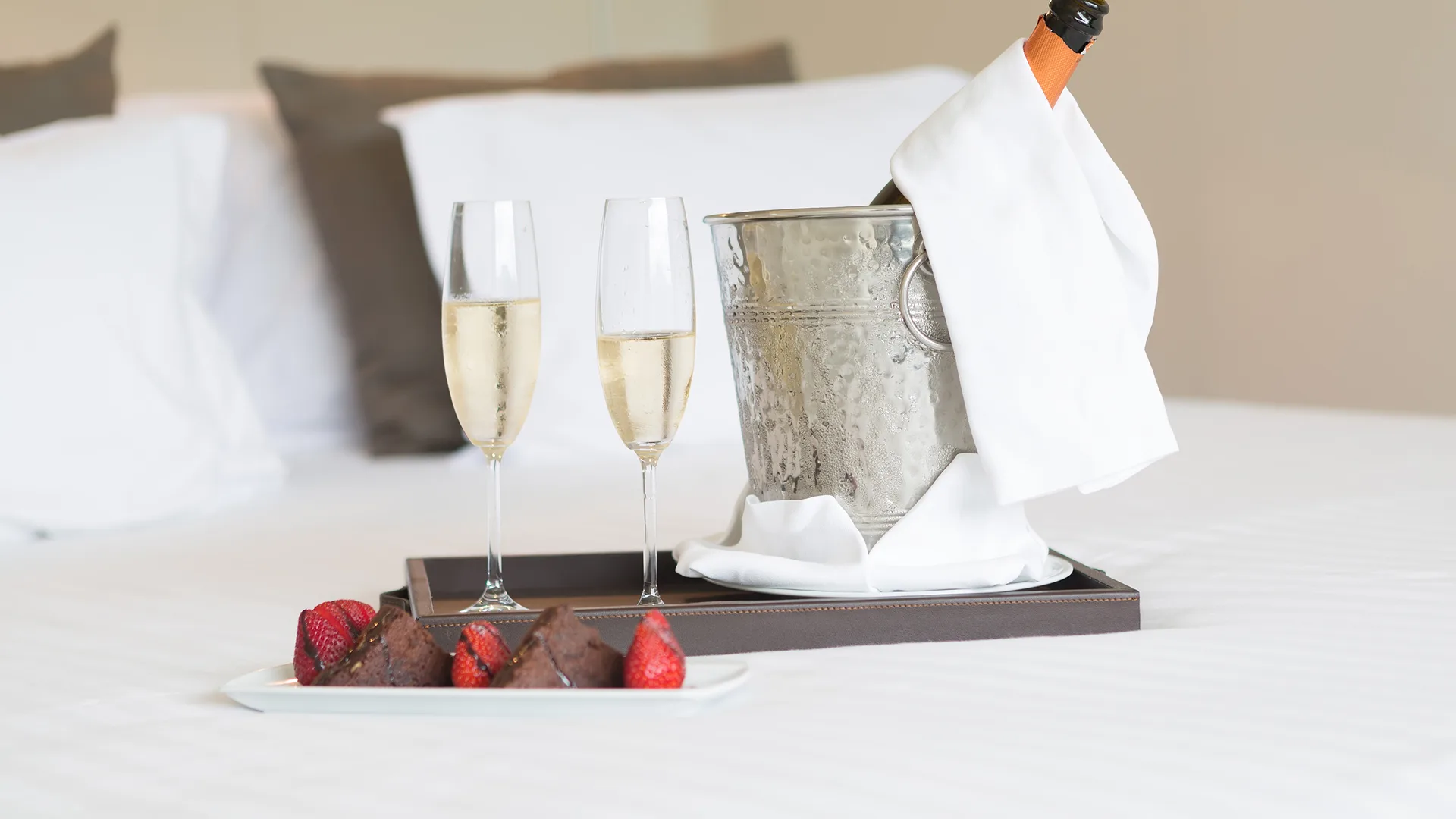 Champagne and desserts waiting in your room for Valentine's.